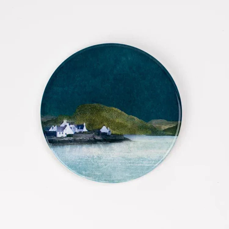 Plockton Ceramic Coaster by Cath Waters: white houses on rocky shore under teal sky