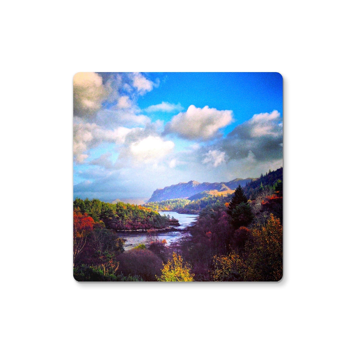 Plockton Coaster mouse pad with autumn foliage mountains and blue sky
