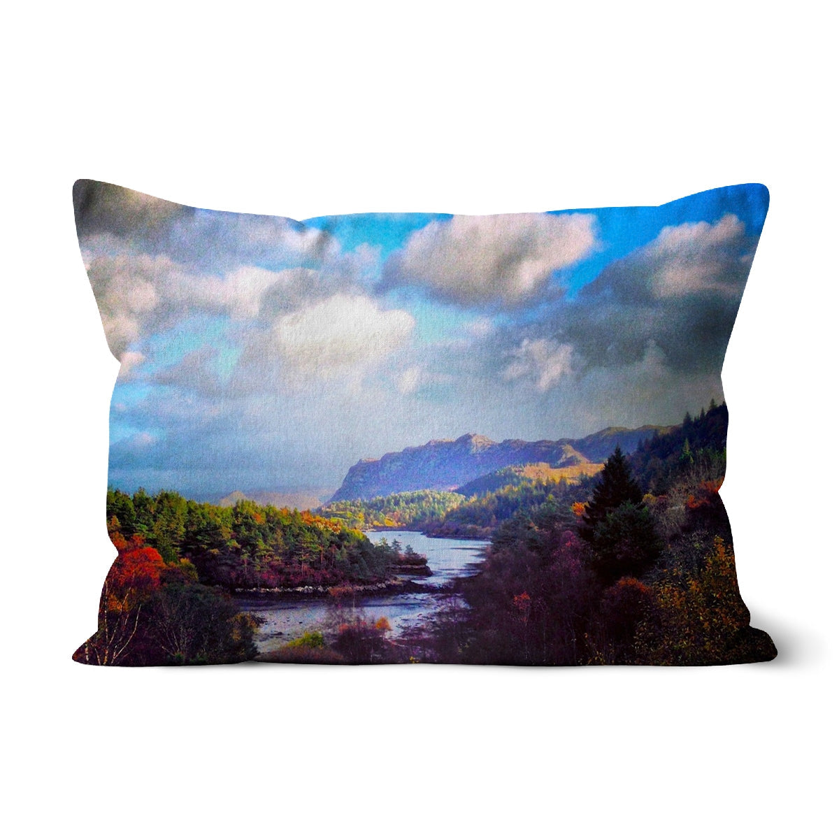 Plockton blue and white rectangular cushion with mountain landscape design