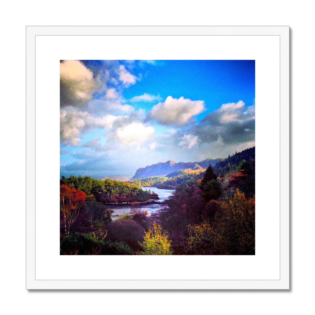 White framed Plockton Art Prints landscape with autumn foliage and blue sky