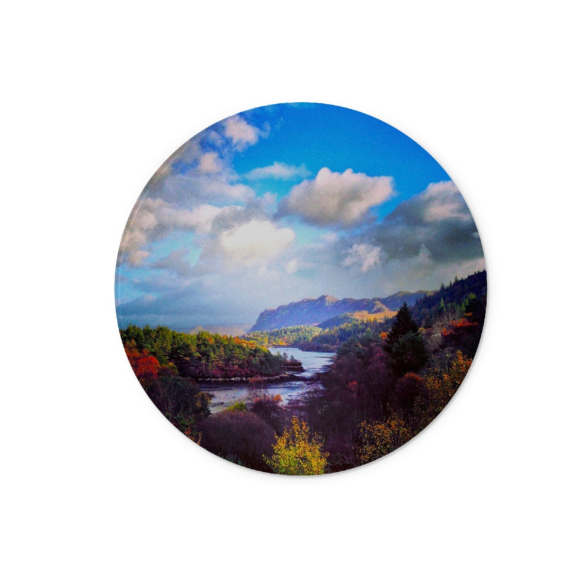 Round autumn landscape sticker on Plockton Glass Chopping Board