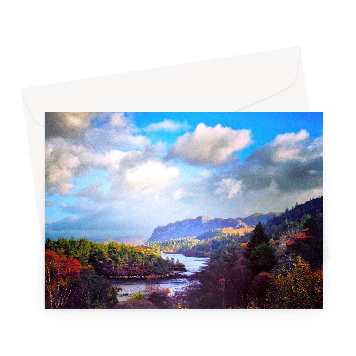 Plockton autumnal foliage greeting card with vibrant colors and white envelope