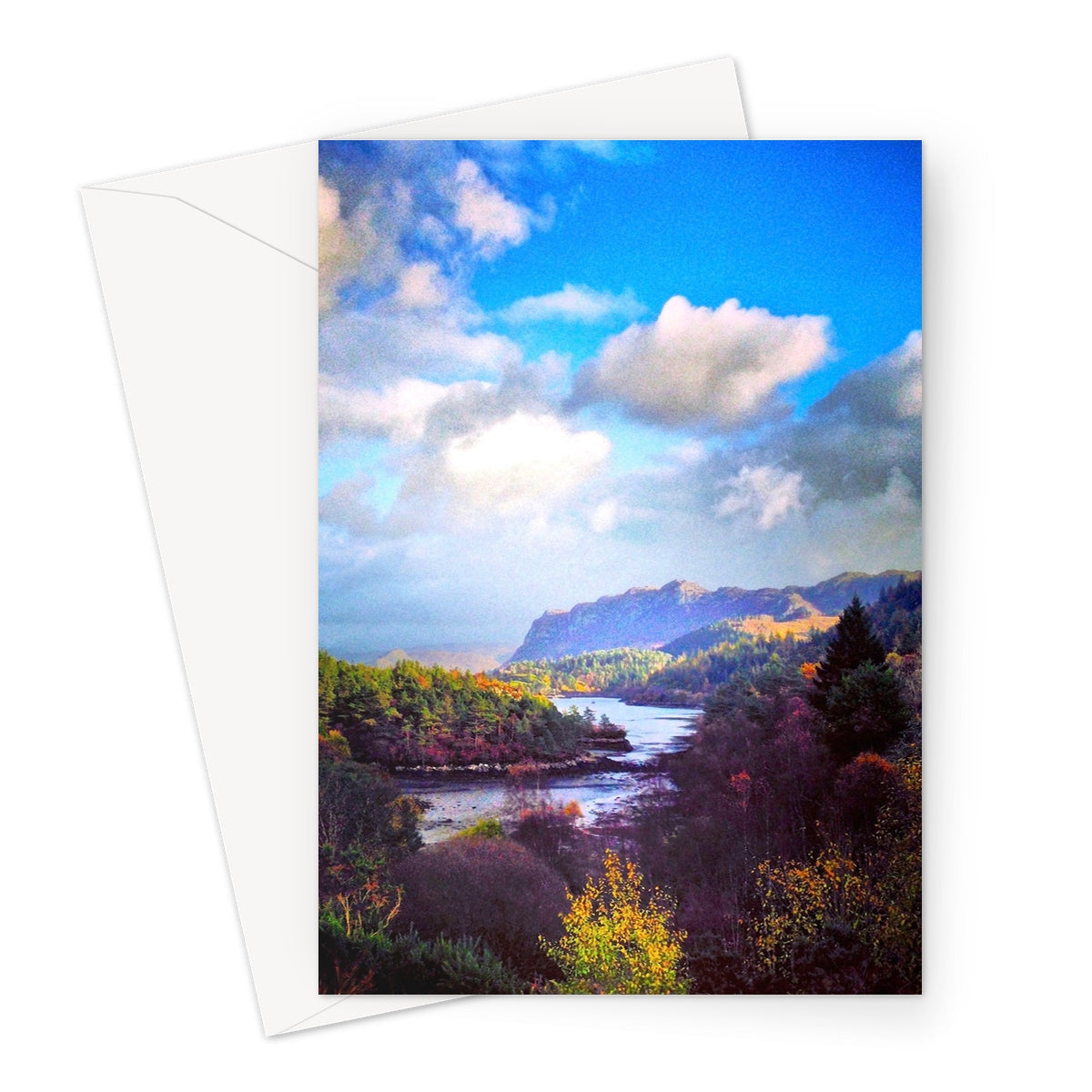 Plockton greeting card with blue sky, white clouds, and mountain landscape