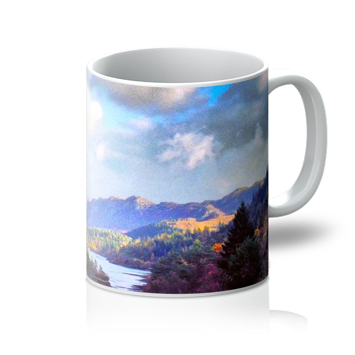 Plockton ceramic mug with vibrant mountain and tree landscape