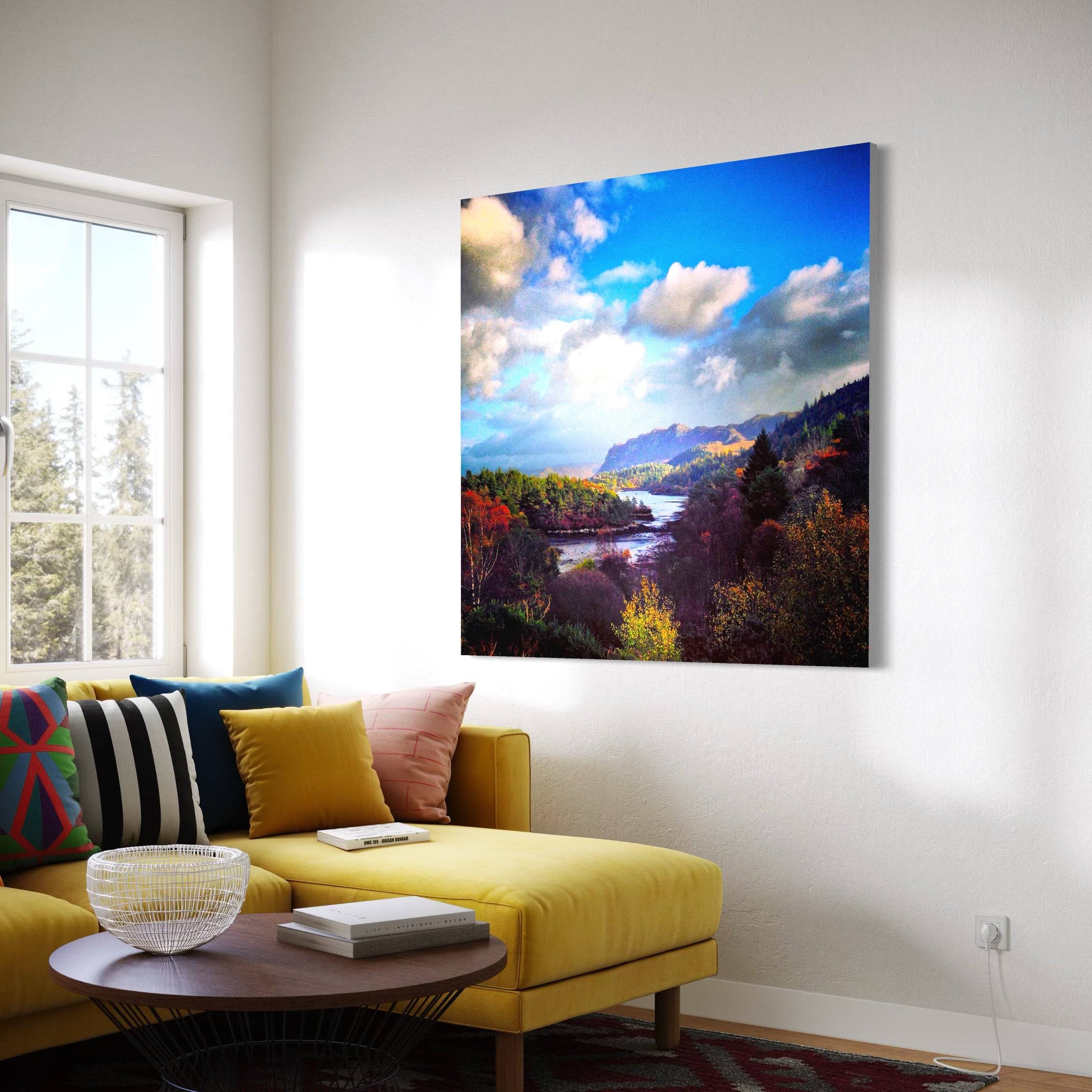 Vibrant autumn landscape painting with river trees mountains under bright cloudy sky