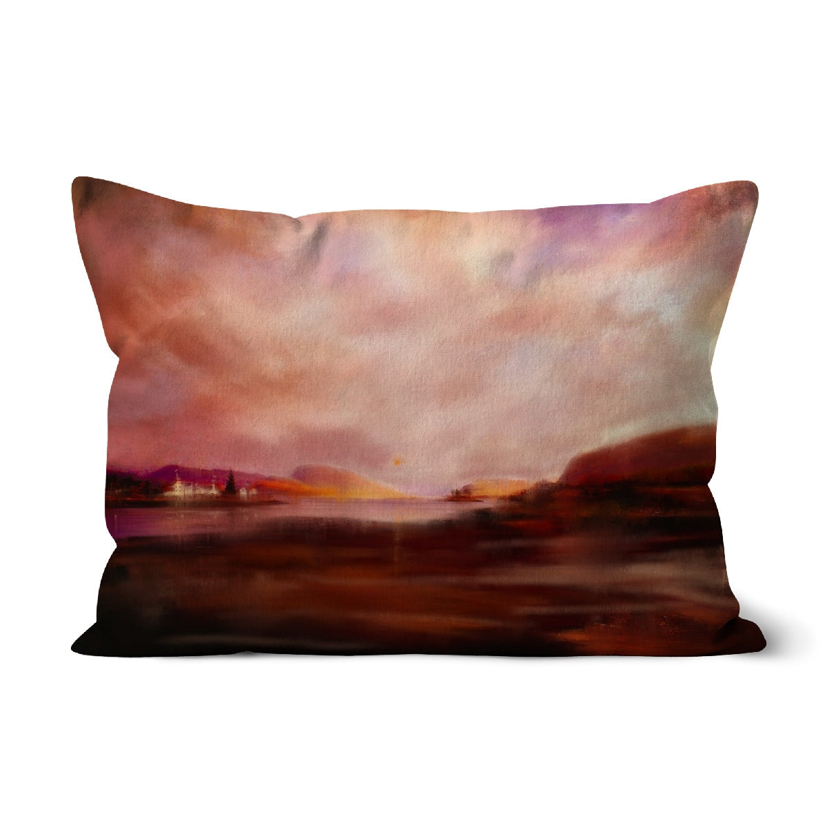 Plockton Sunset Cushion 18x26 inch pillow case with abstract brown orange landscape