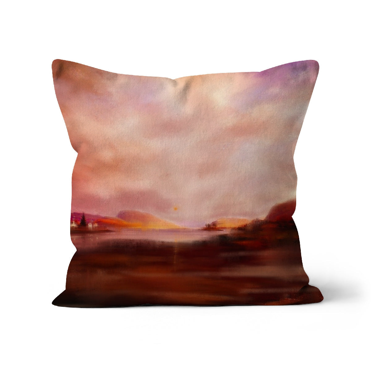 Plockton Sunset Cushion: 18x18 inch watercolor pillow cover in orange and purple hues