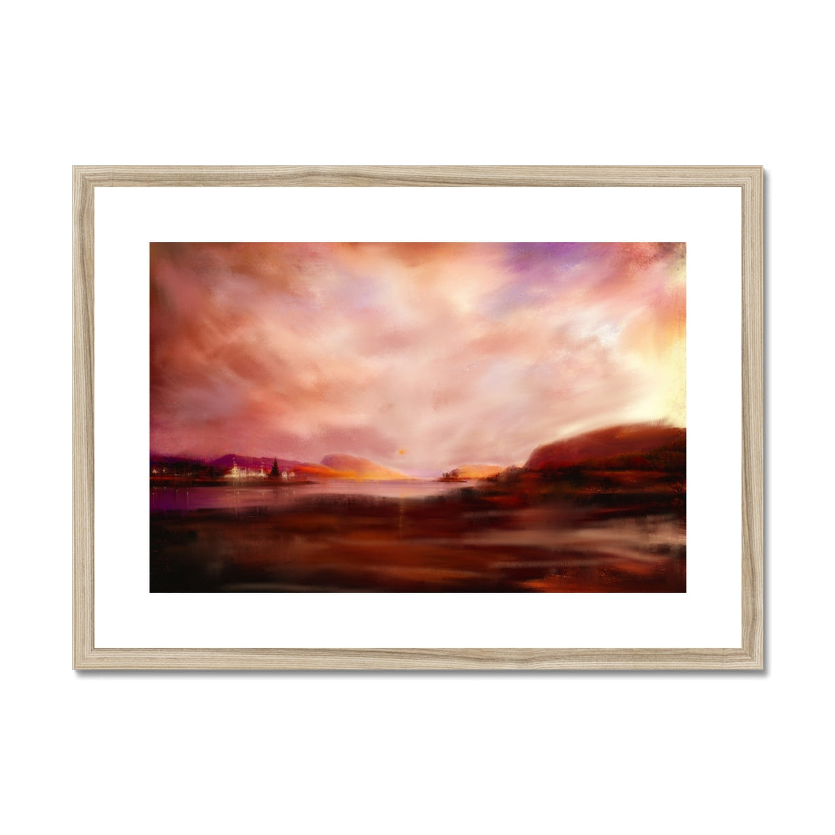 Plockton Sunset Art Print: Beige Framed Vibrant Landscape Painting