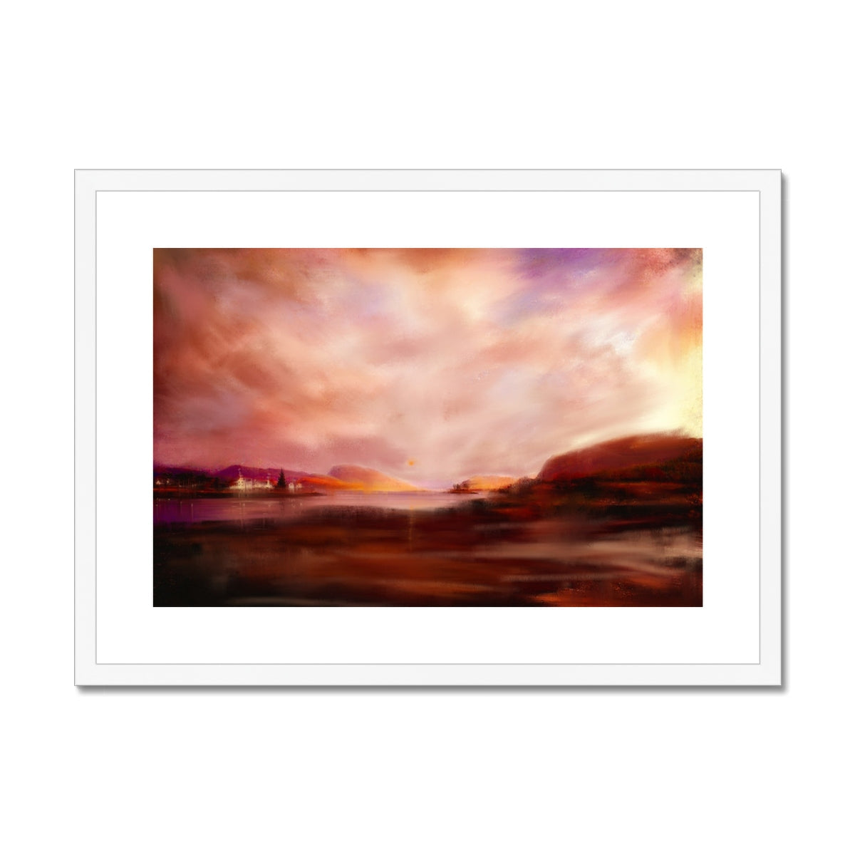 White framed Plockton Sunset abstract print in orange and purple hues