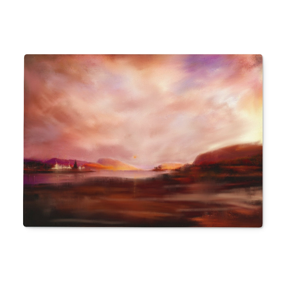 Plockton Sunset pastel canvas painting on glass chopping board