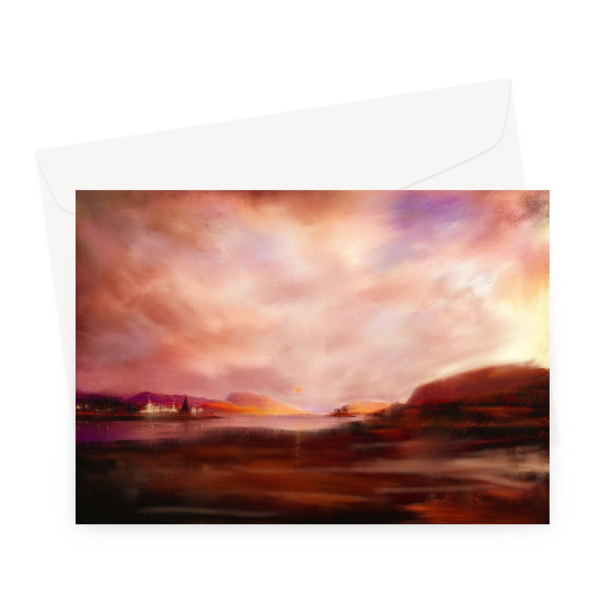 Plockton Sunset Greeting Card with orange-pink envelope painting
