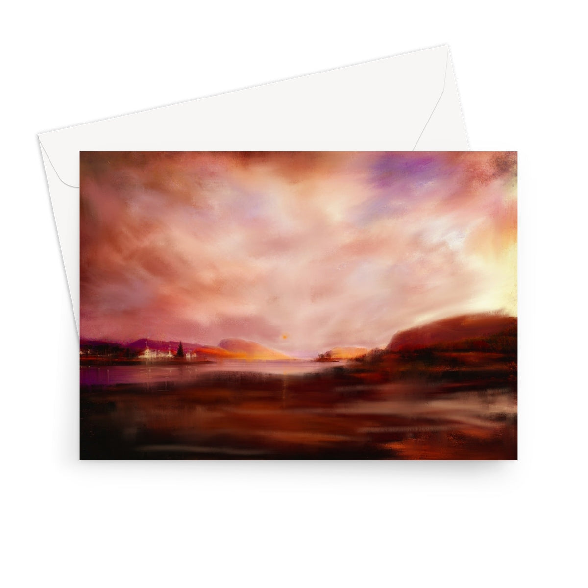 Plockton Sunset Greeting Card with white envelope and colorful mountain landscape