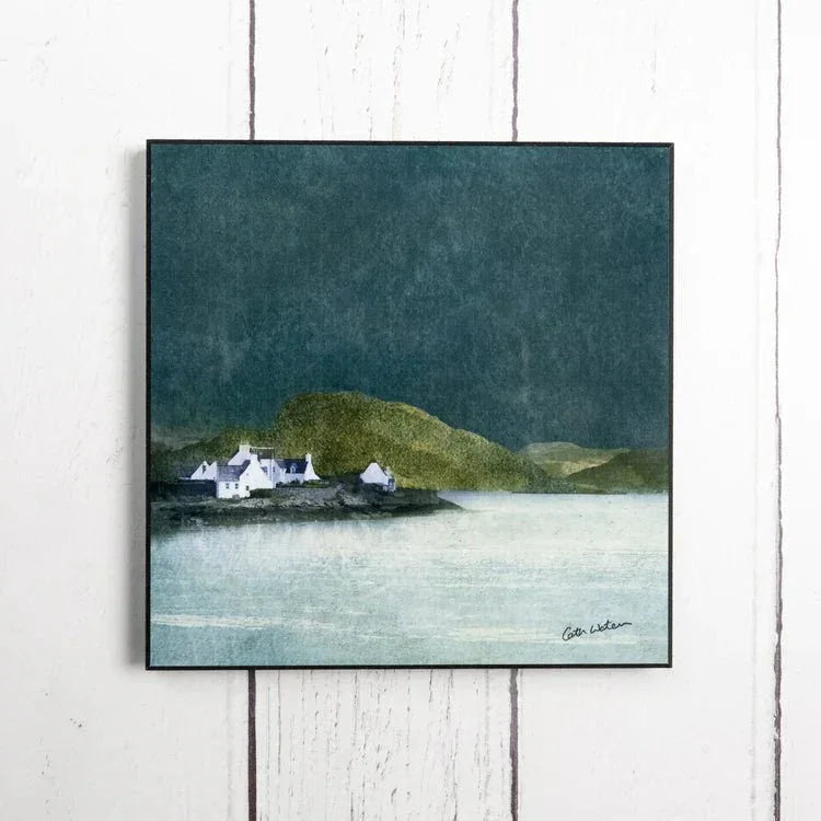 Square-framed watercolor of white Plockton cottages on green hillside by calm waters, dark teal sky by Cath Waters