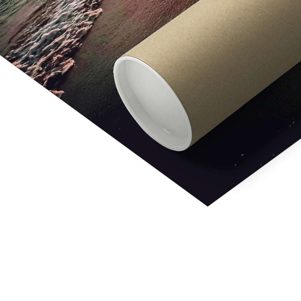 Pollachara Beach Sunset print with rolled brown cardboard tube and ocean waves poster