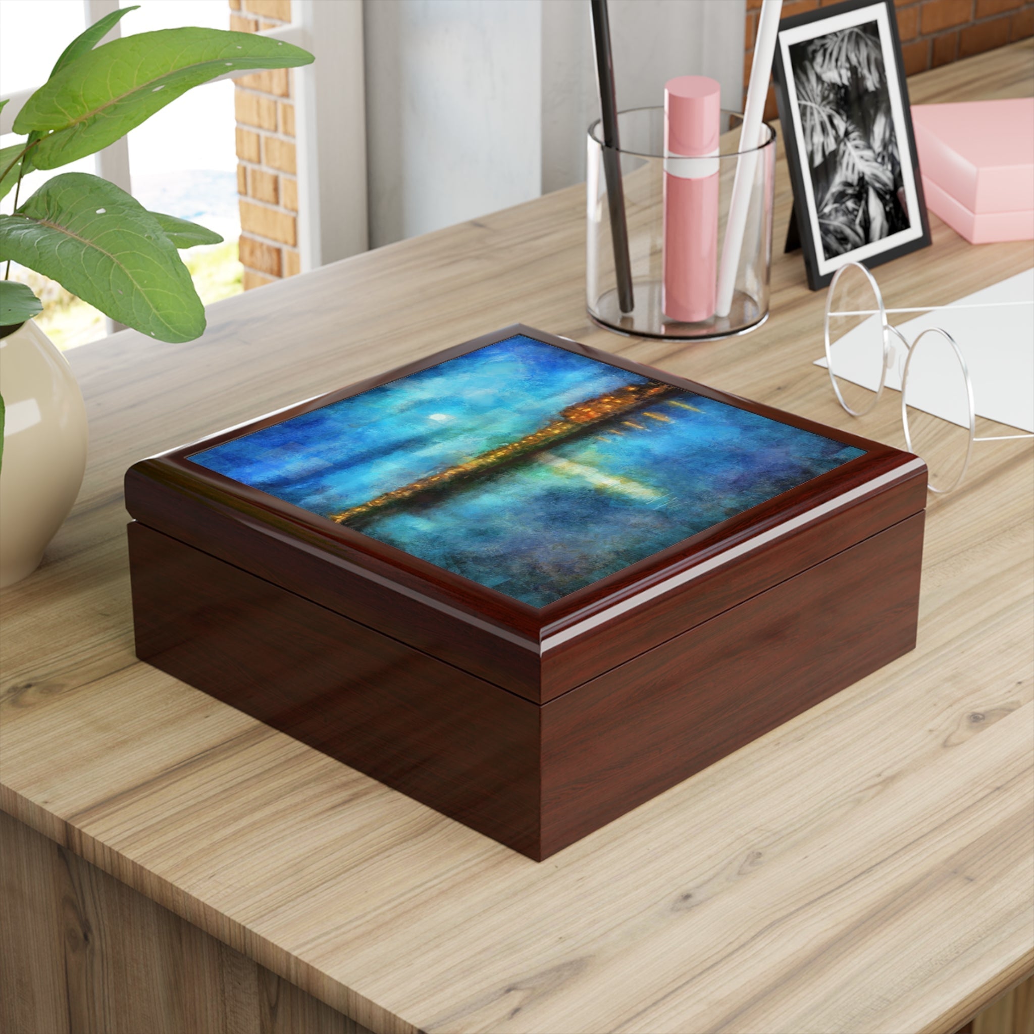 Wooden keepsake box with a vibrant moonlit pier illustration on the lid from Portobello Moonlight collection