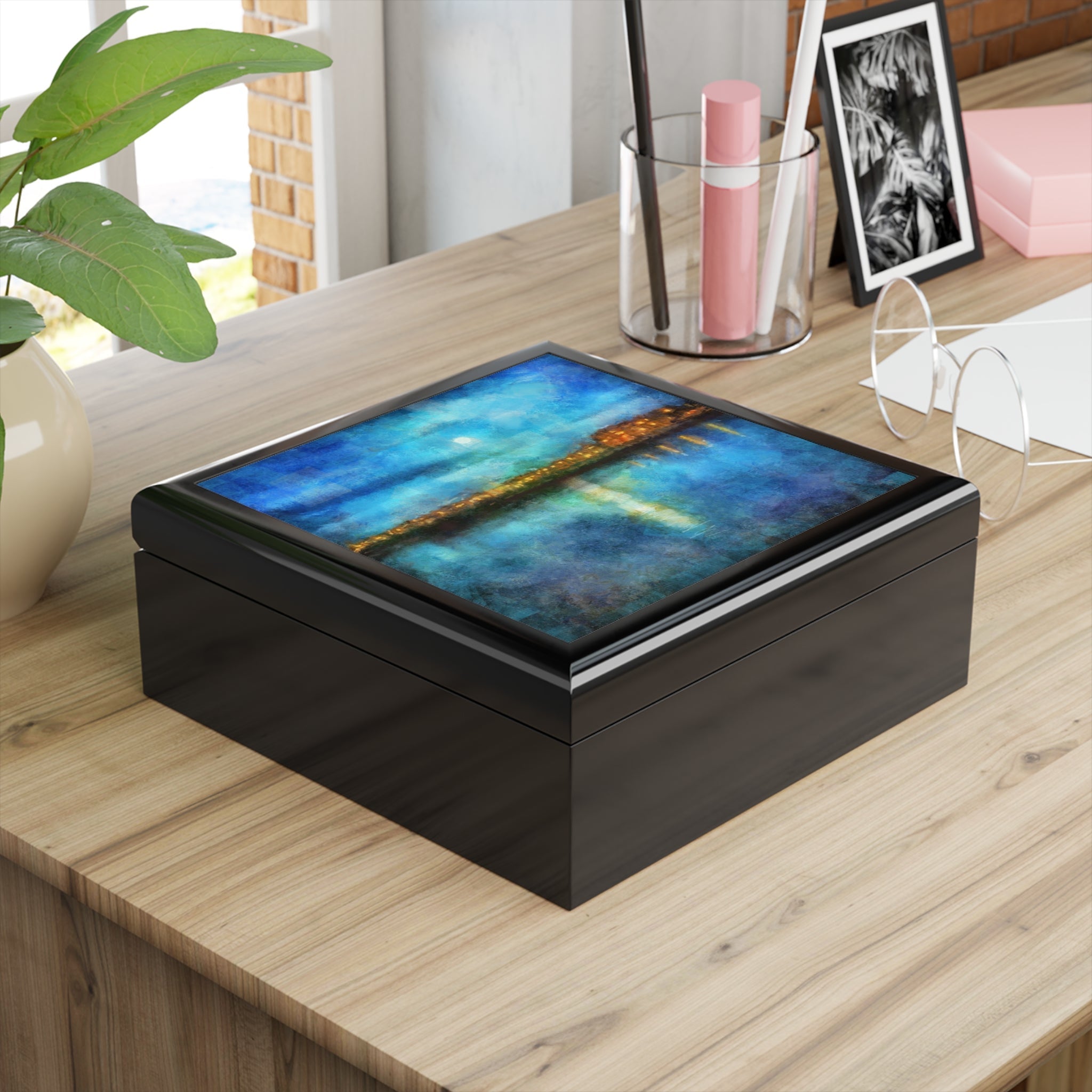 Black wooden keepsake box with vibrant blue and gold abstract art lid for Portobello Moonlight Jewelry