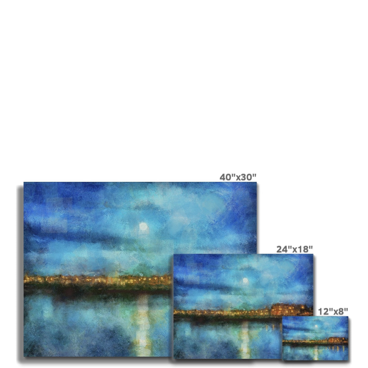 Blue and white abstract landscape canvas print with cityscape, Portobello Moonlight