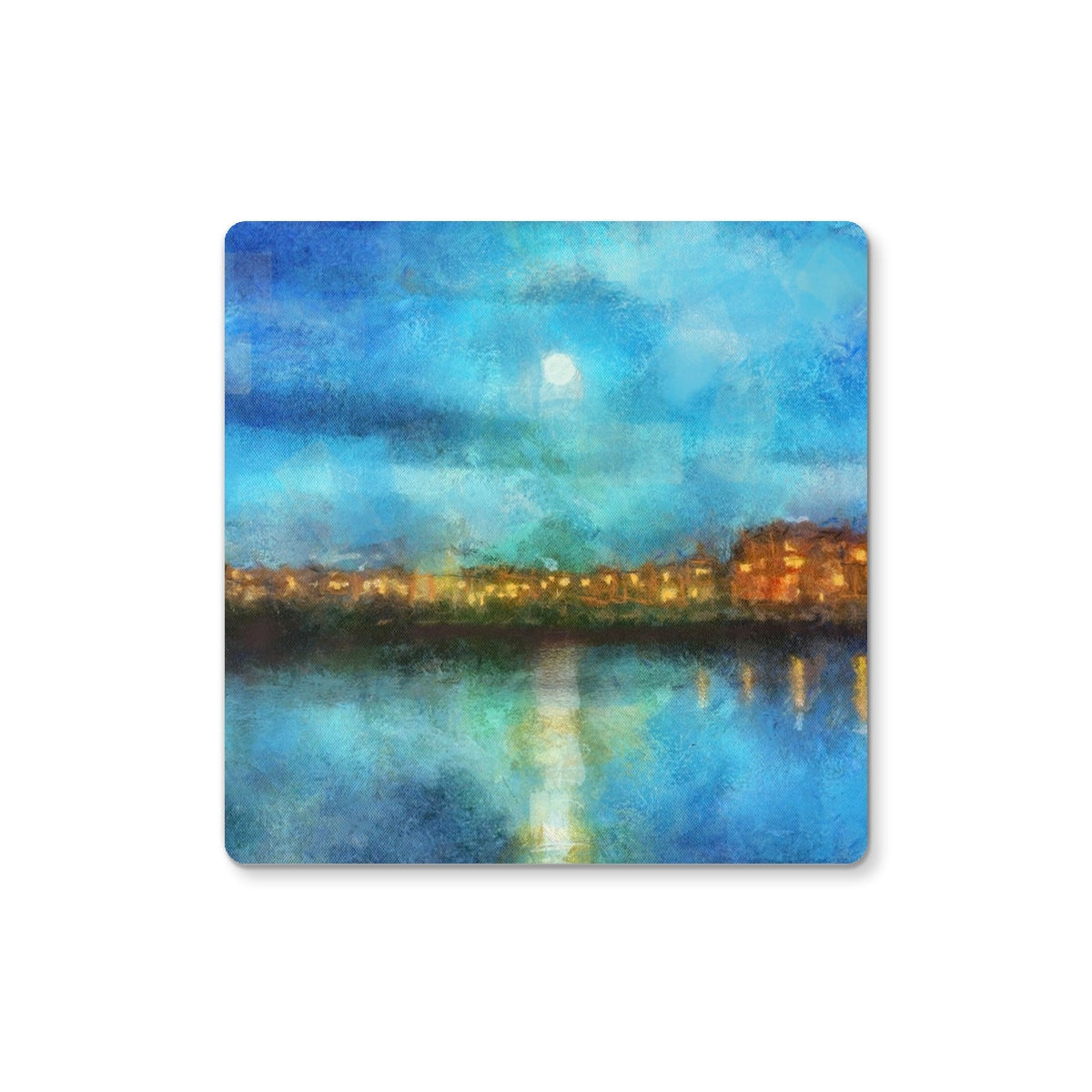 Portobello Moonlight Coaster: Blue Teal Watercolor Cityscape with Moonlit Sky