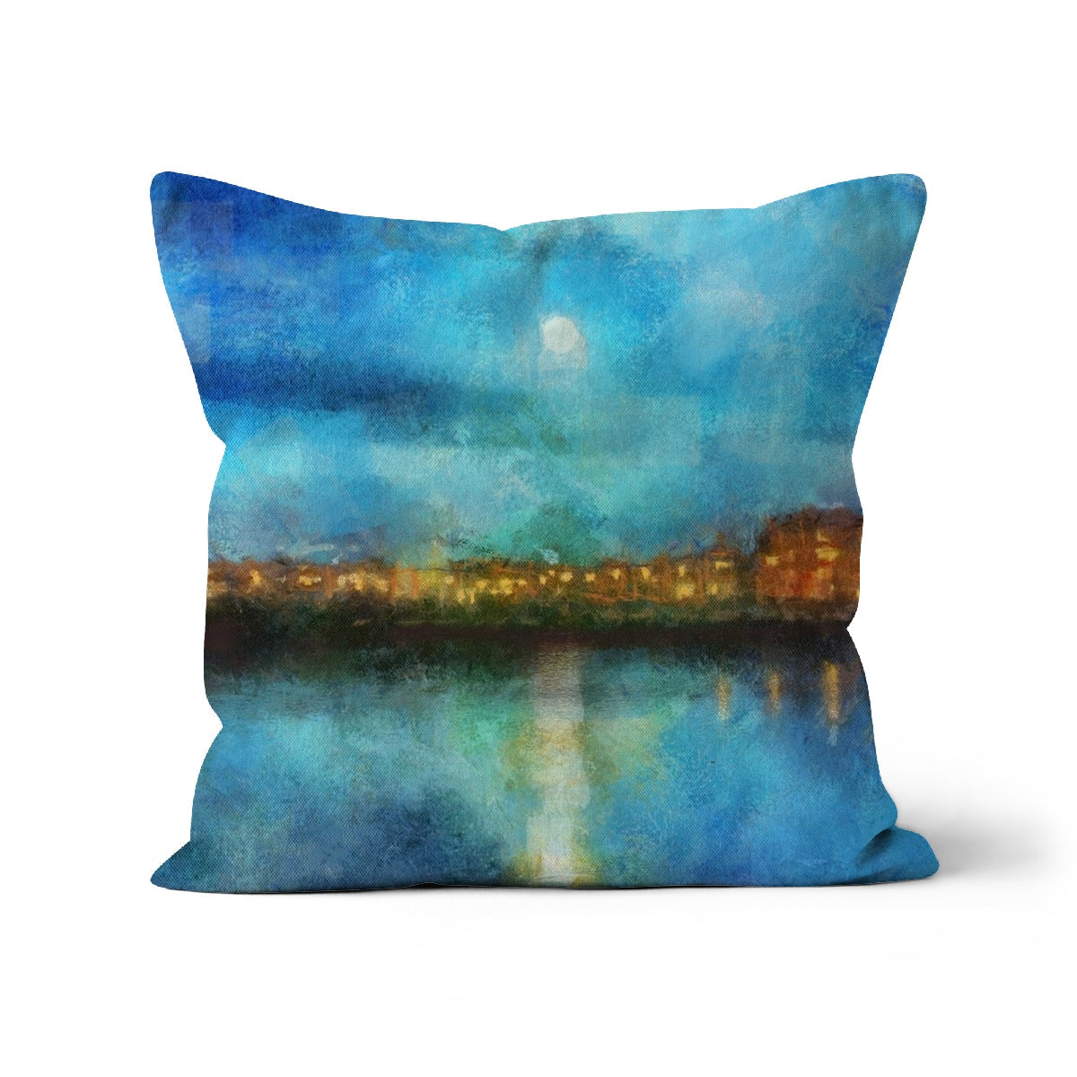 Portobello Moonlight Cushion with painterly blue landscape and moonlit city skyline reflection