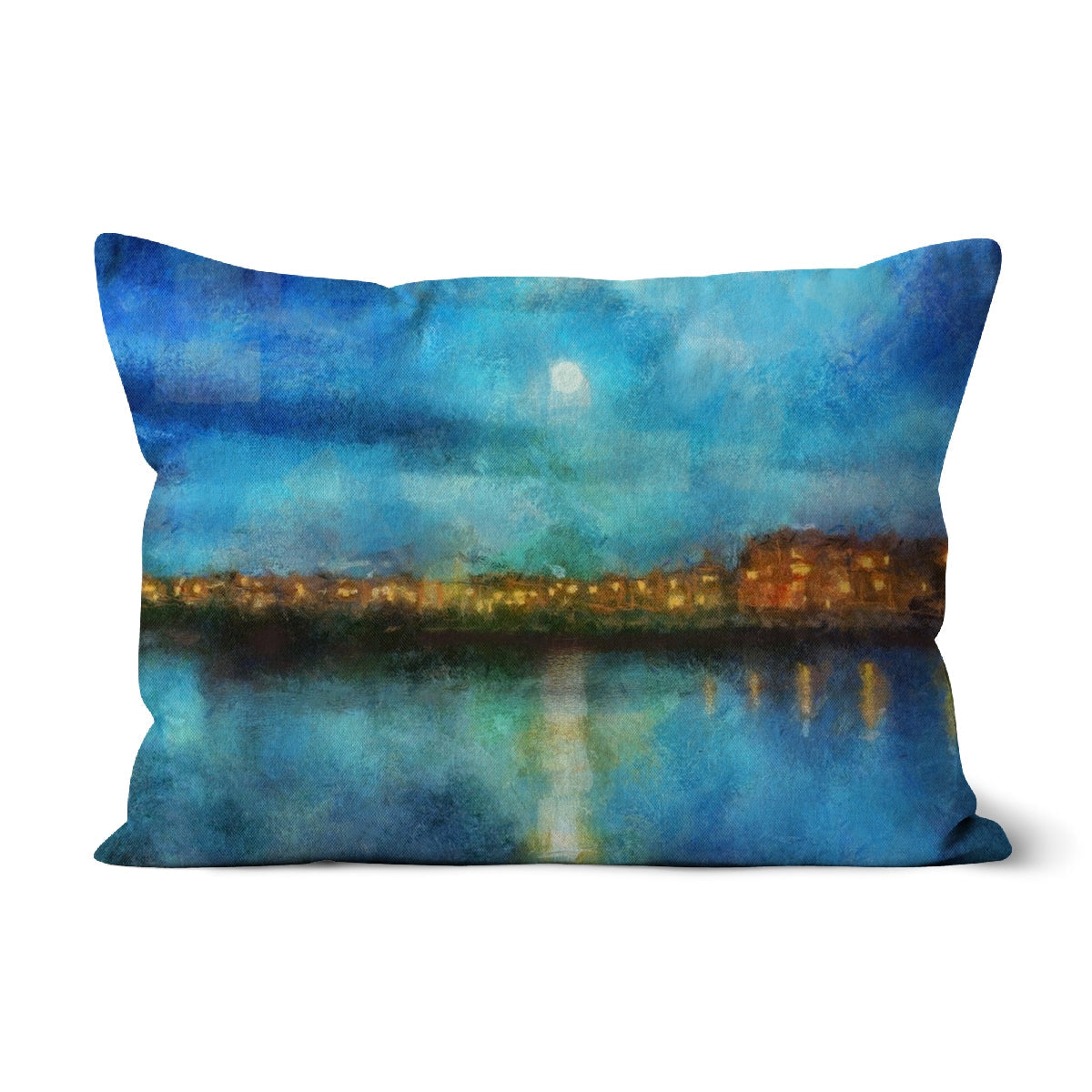 Portobello Moonlight Cushion with impressionistic moonlit cityscape design on rectangular pillow