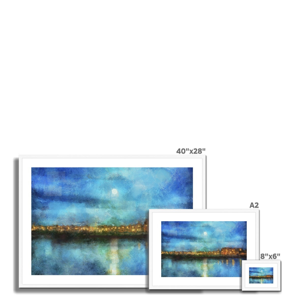 Portobello Moonlight Framed and Mounted Print featuring three moonlit cityscape canvases over water