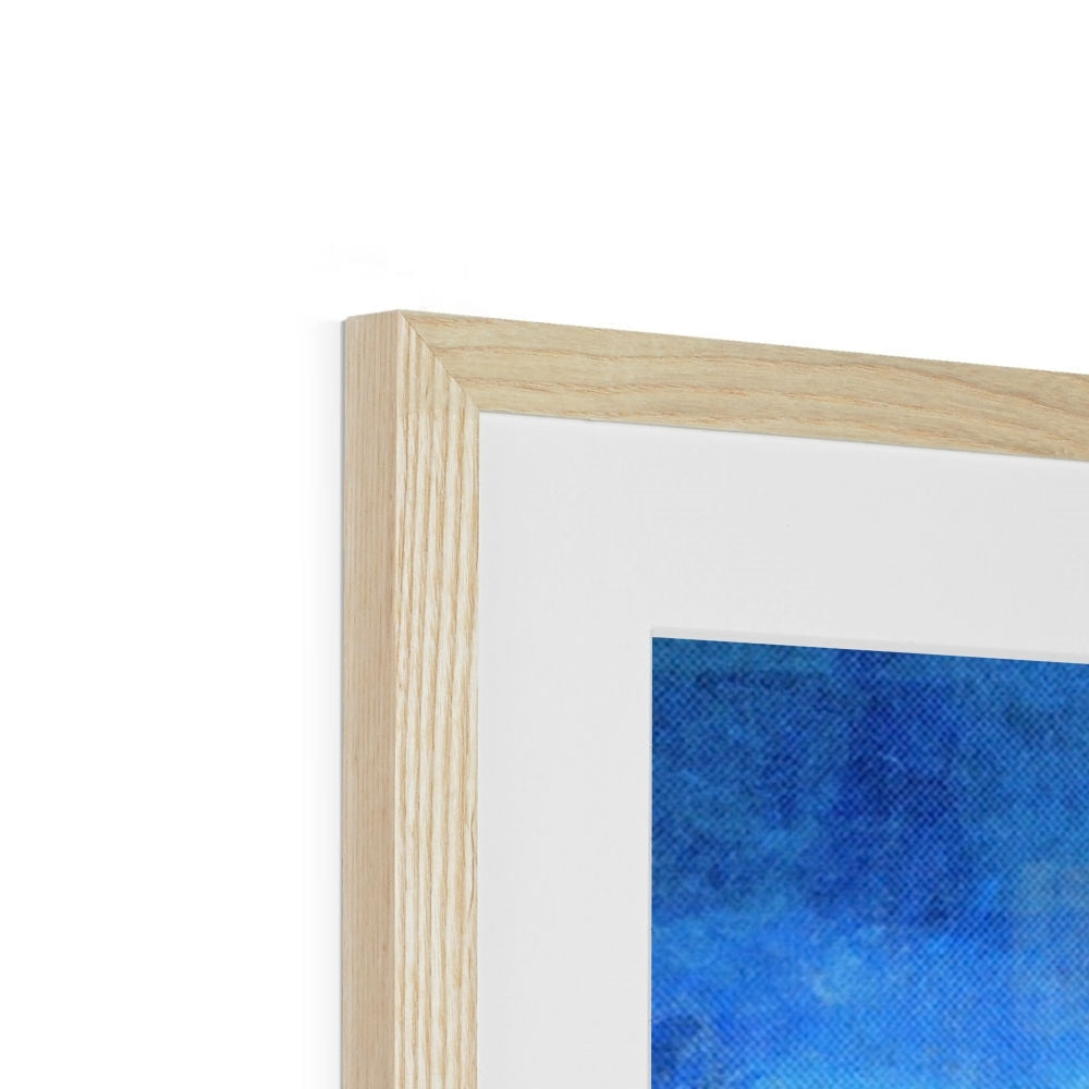 Light wood-framed artwork with white mat and blue abstract painting in Portobello Moonlight print