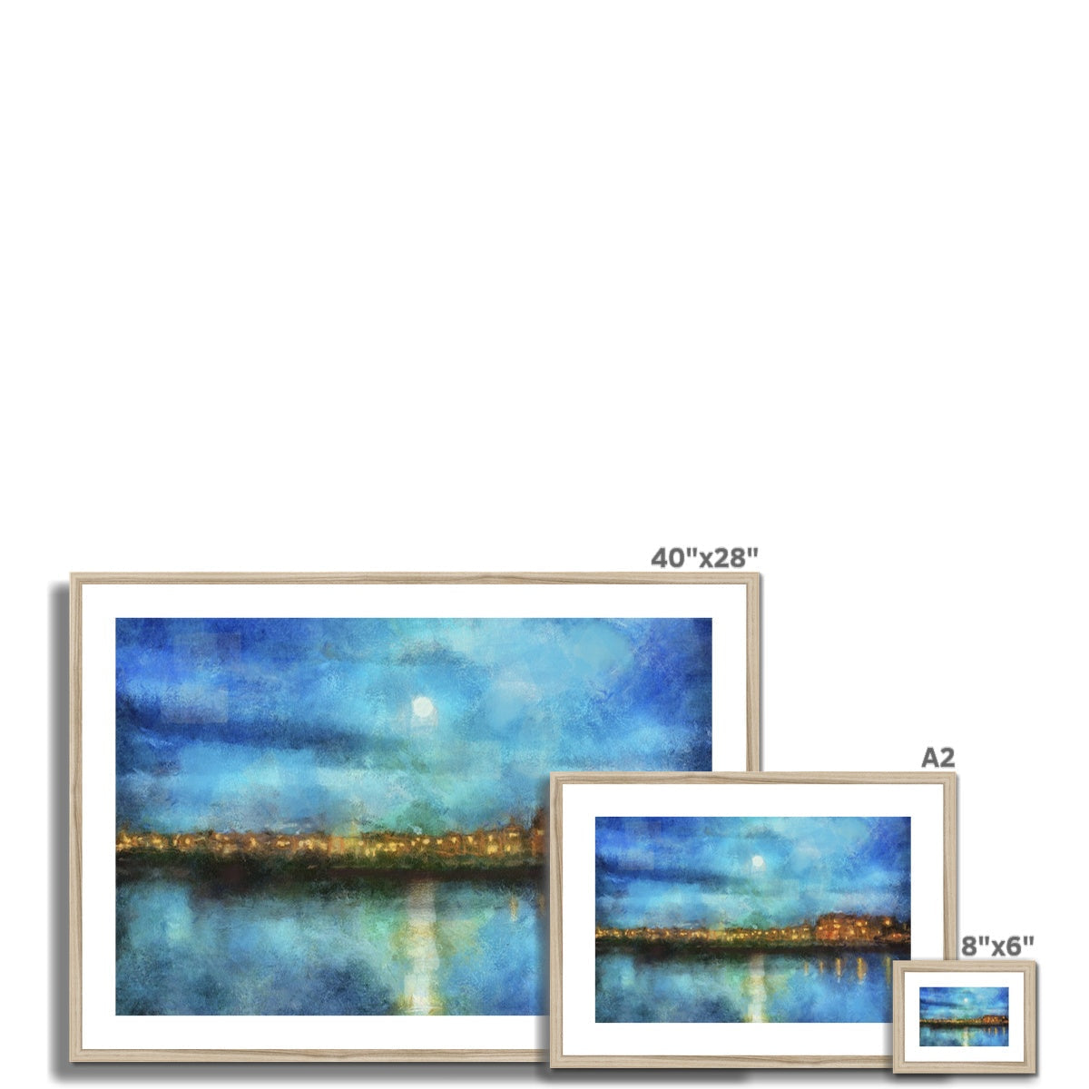 Framed abstract painting of a moonlit cityscape over water displayed in Portobello Moonlight print
