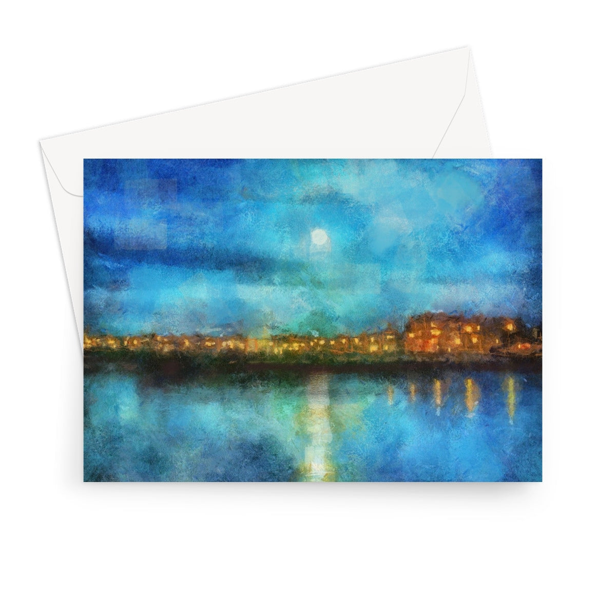 Blue teal watercolor cityscape Portobello Moonlight greeting card with envelope