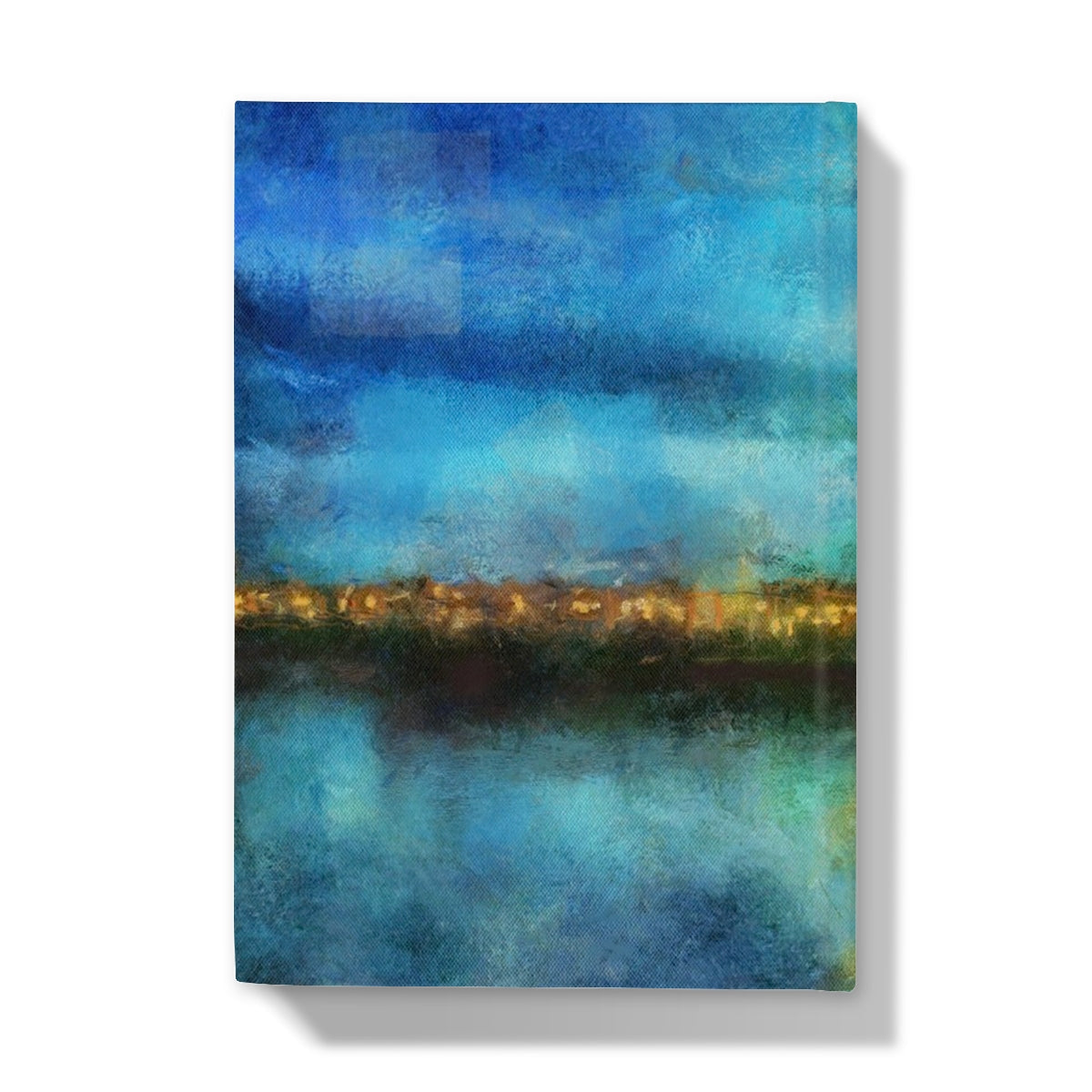 Abstract landscape painting in blues, greens, and golden yellow on Portobello Moonlight Hardback Journal