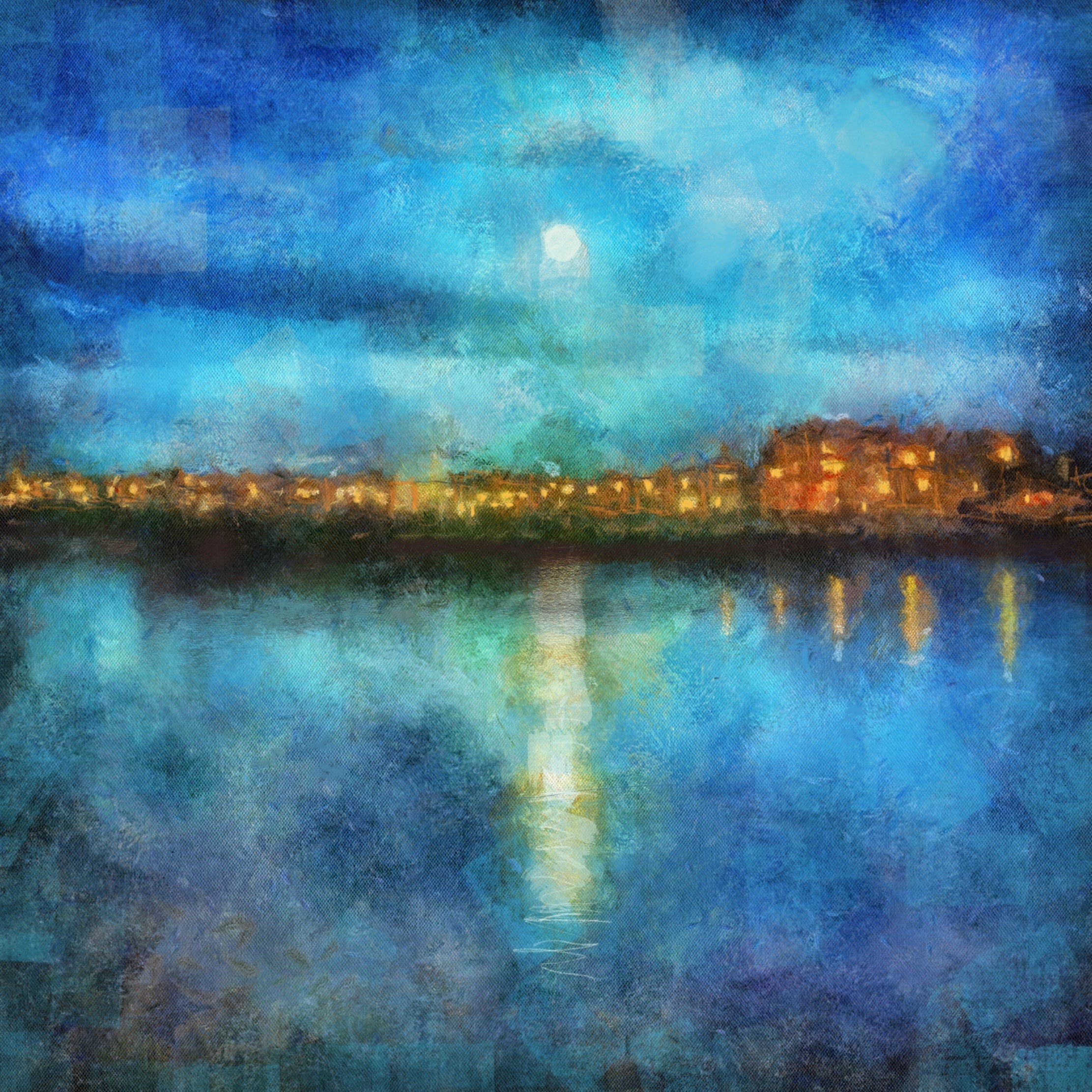 Impressionistic cityscape at night in Portobello Moonlight Original Painting