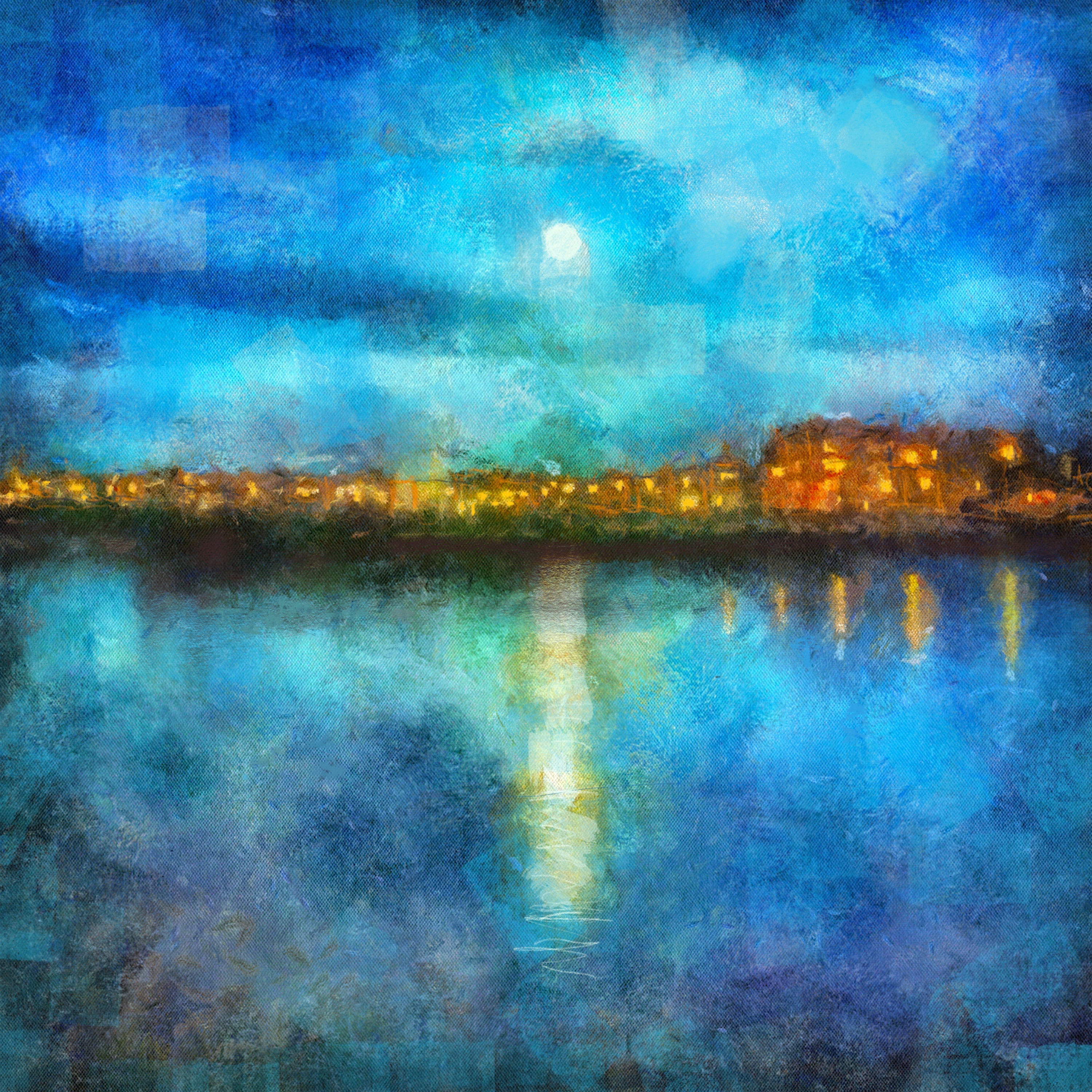 Impressionistic painting of Portobello Moonlight in Scotland reflecting on water
