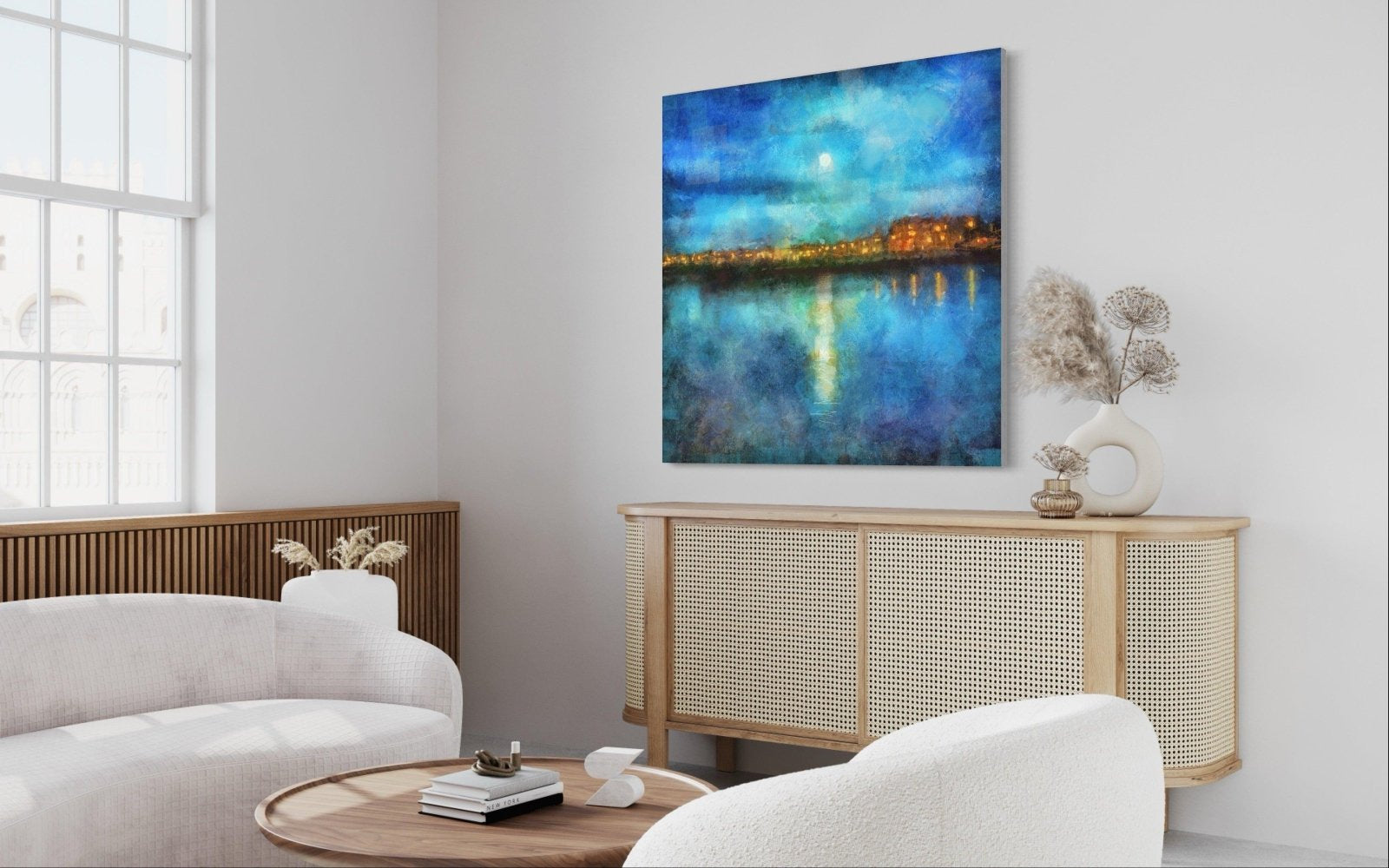 Nighttime cityscape painting for Portobello Moonlight statement interior wall art from Scotland