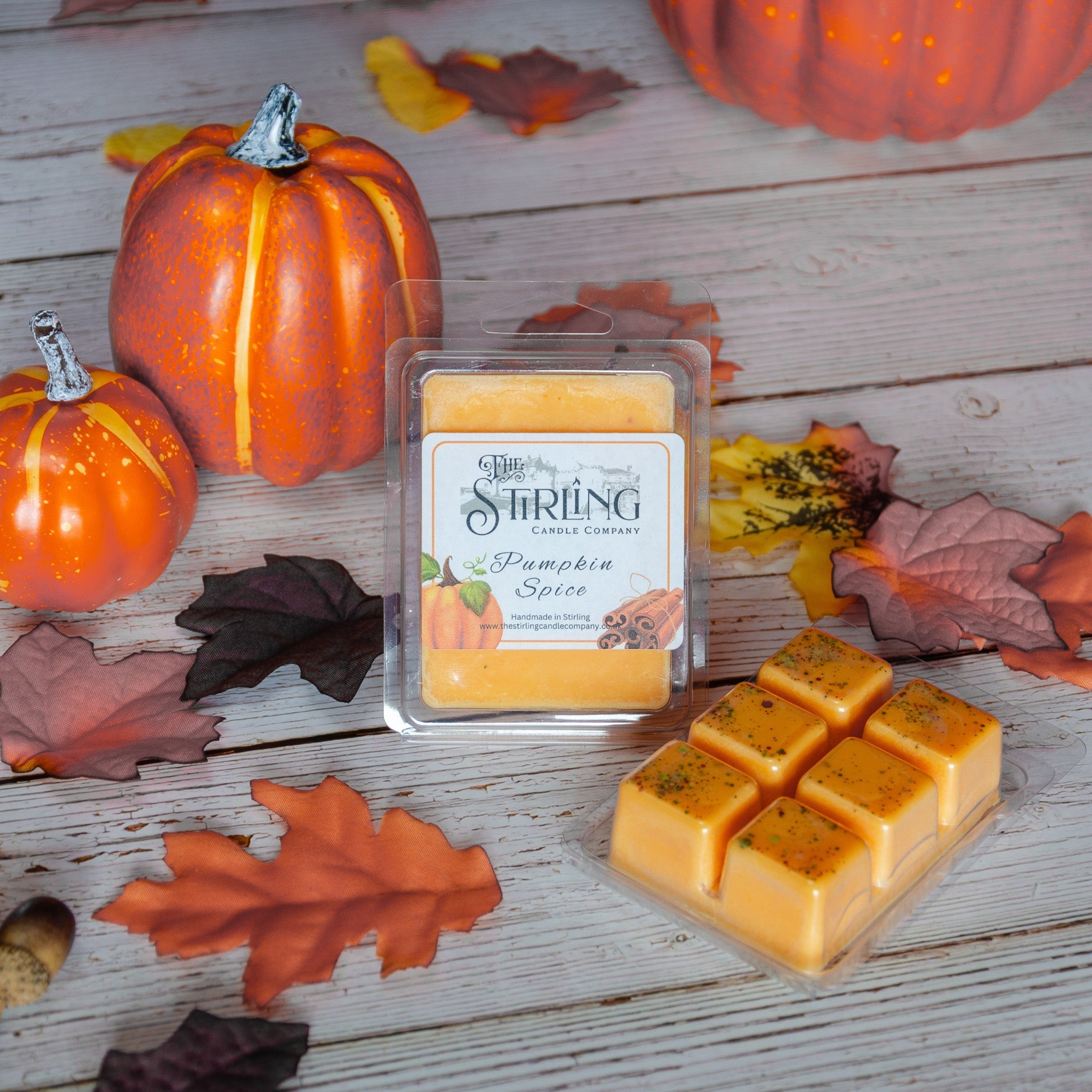 Pumpkin spice wax melt clamshell in clear tray by Stirling Candle Company