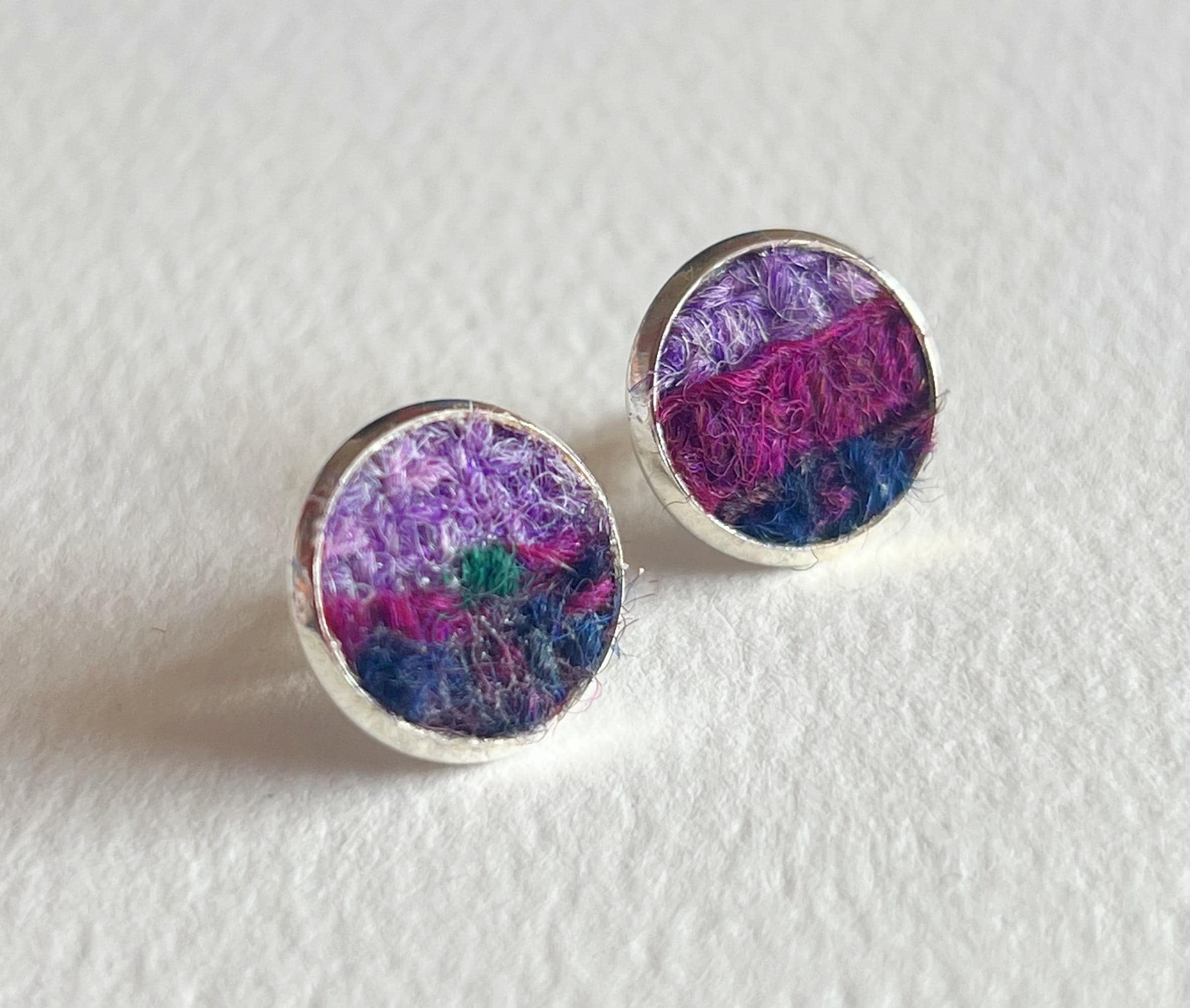 Purple Ombre Patchwork Harris Tweed Stud Earrings with embroidered fabric in silver settings
