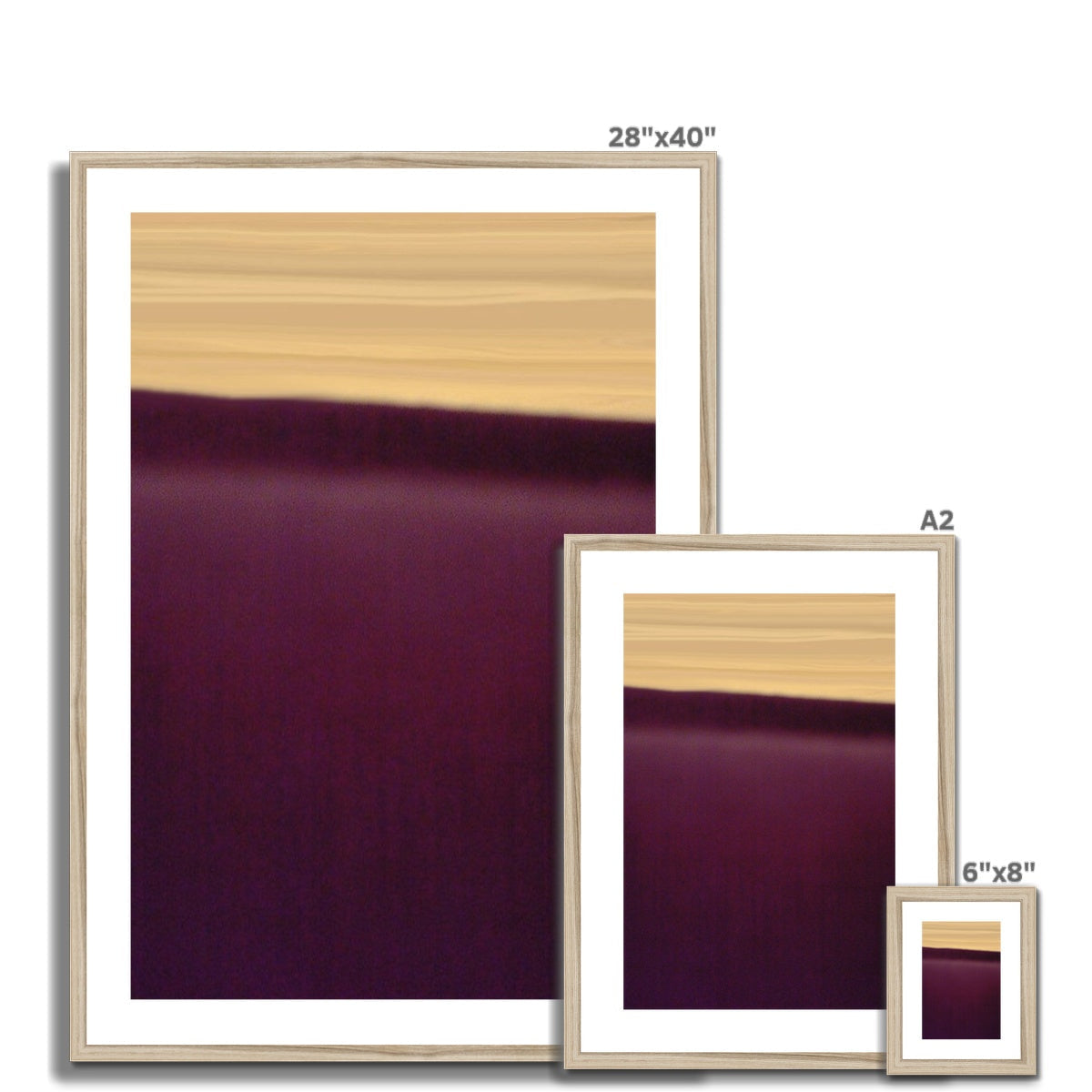 Modern abstract print in light wood frame with beige and burgundy bands