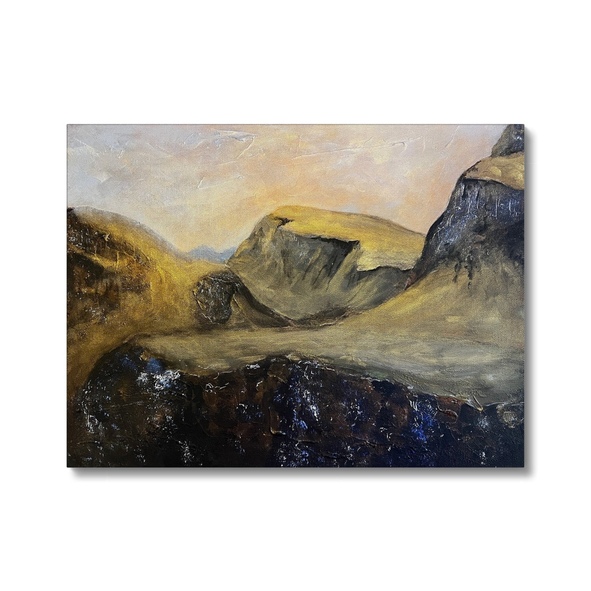 Textured oil painting of Rugged Mountain Landscape under a Pale Warm Sky on The Quiraing Canvas