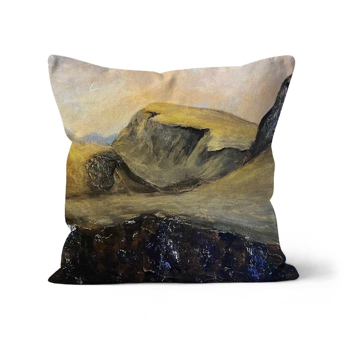 The Quiraing Cushion featuring a landscape painting of mountains and water