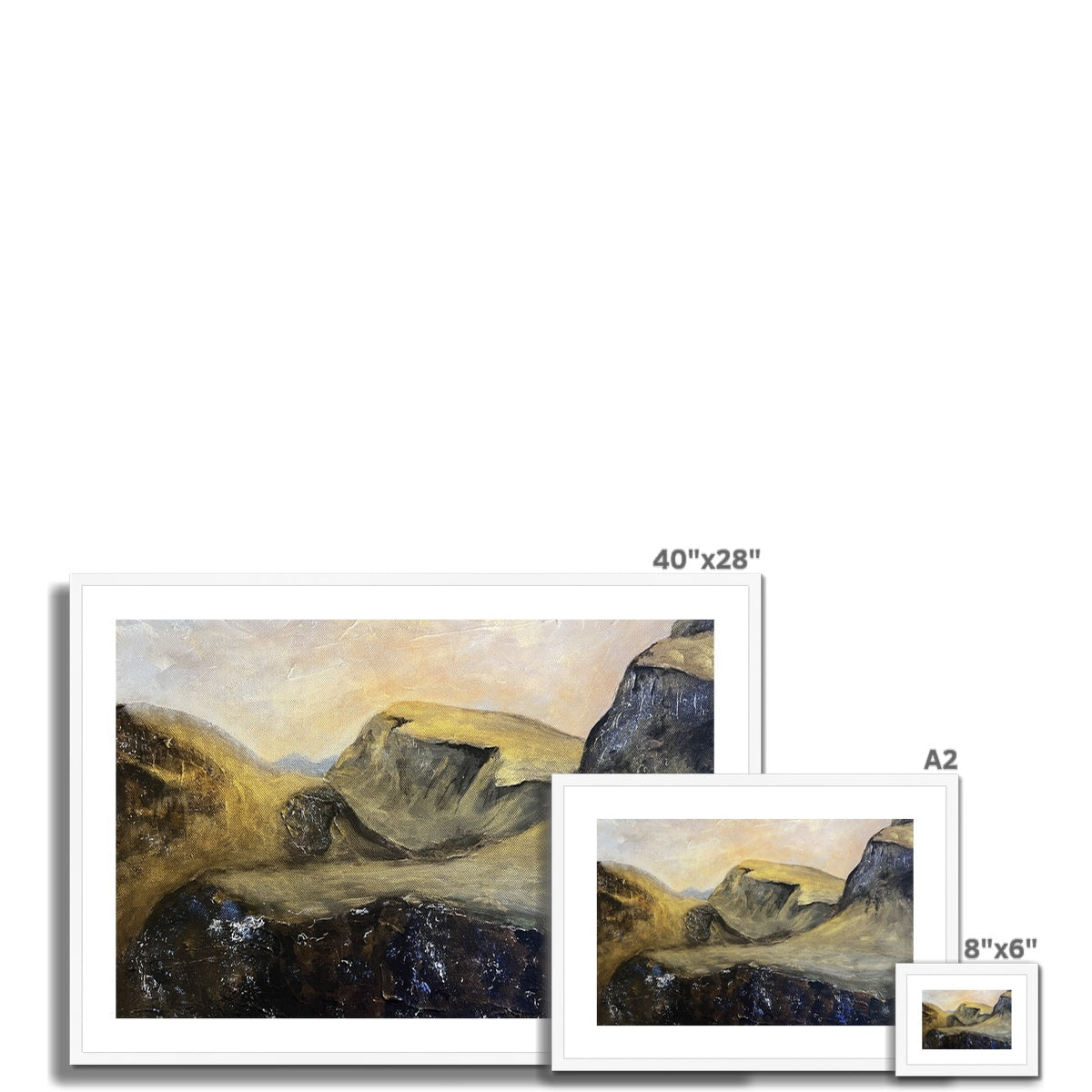 Three framed landscape prints of mountainous scenes with warm skies in The Quiraing collection