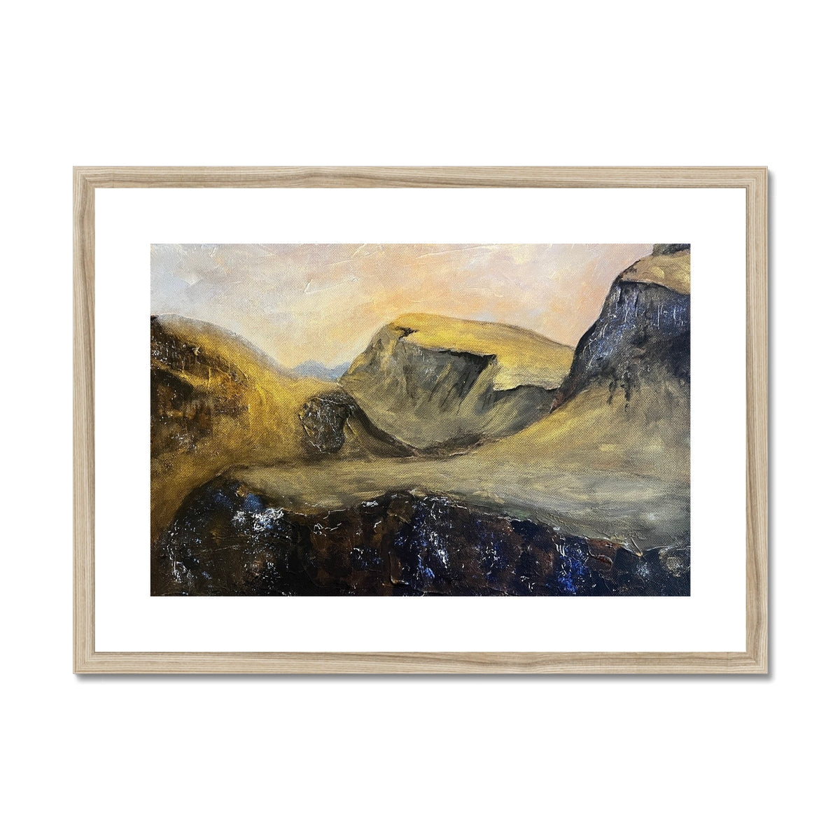 Framed landscape painting of hills and sunset sky in The Quiraing Mounted Print