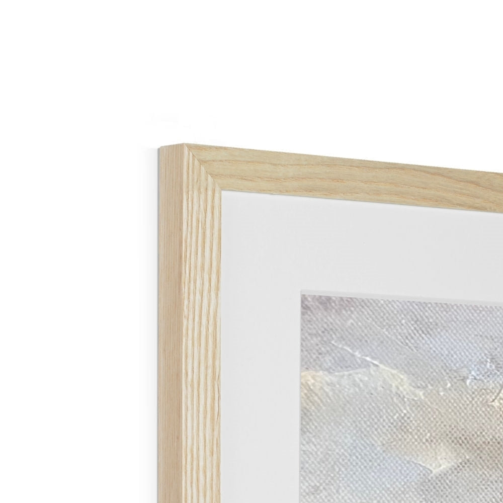 Light wood framed mounted print of textured abstract painting in The Quiraing style