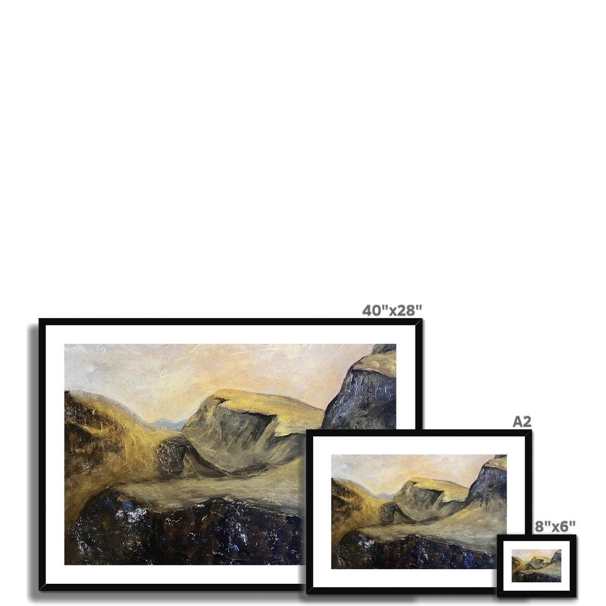 Set of three framed landscape prints of varying sizes from The Quiraing Framed & Mounted Print collection