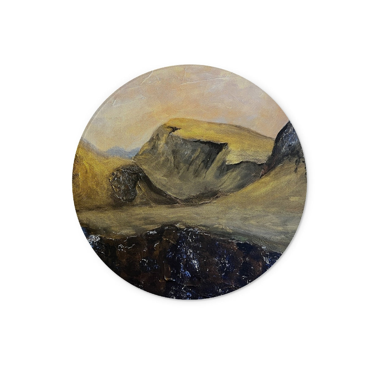 Circular landscape painting of rocky arid terrain with dark foreground and light yellow sky