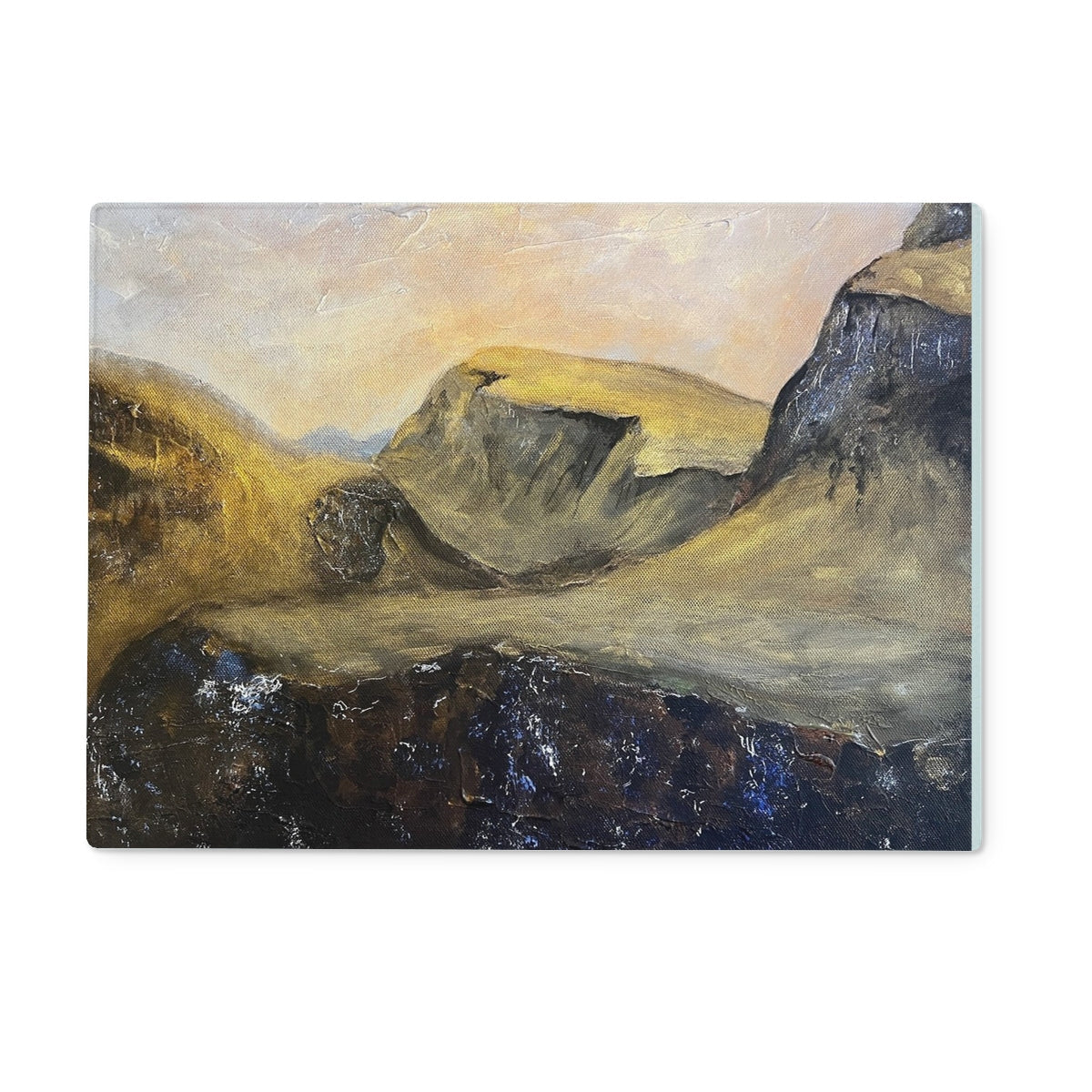 Textured oil painting of rugged mountain landscape with golden sky on The Quiraing Glass Chopping Board