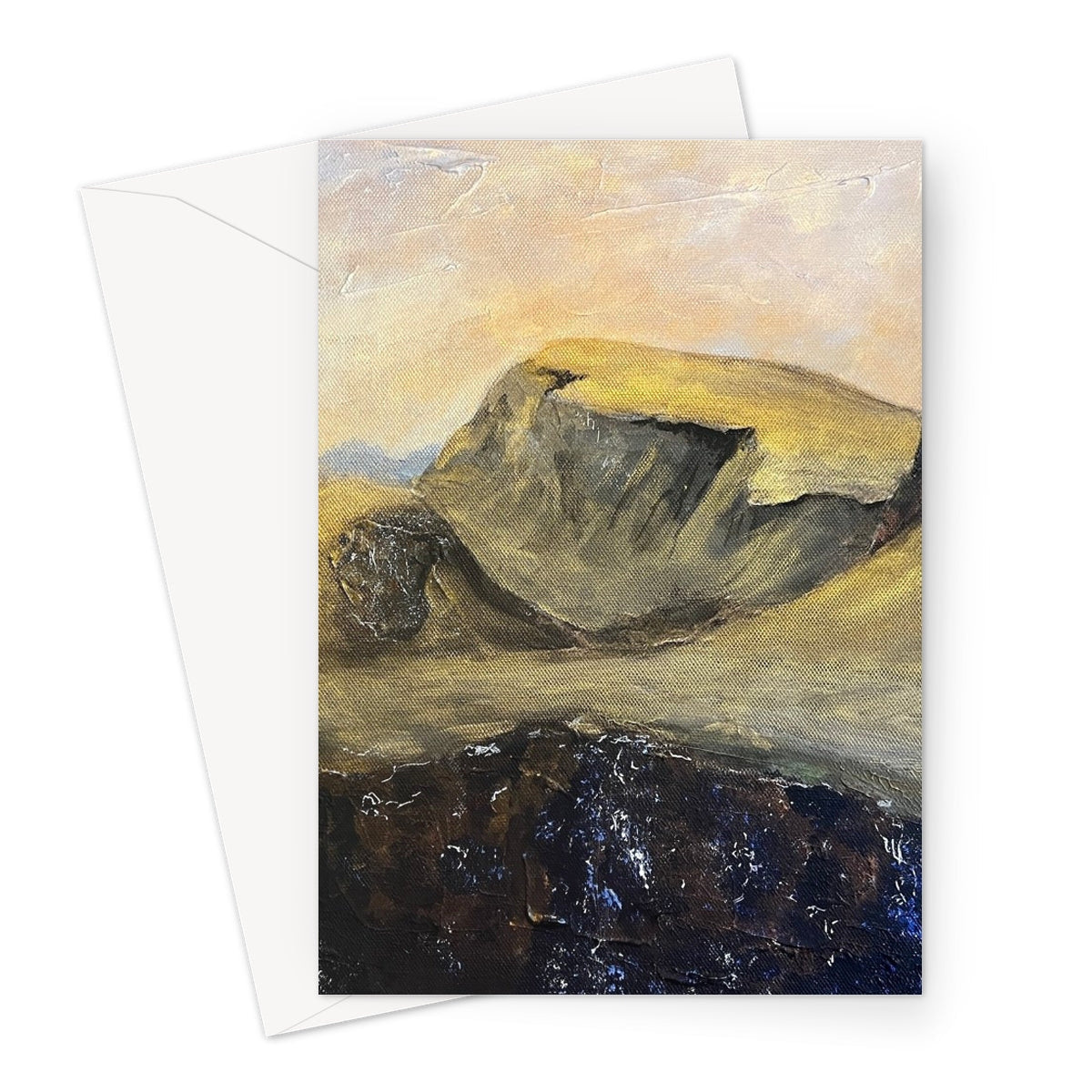 The Quiraing Greeting Card featuring an abstract landscape of rugged rocky terrain under a pale sky
