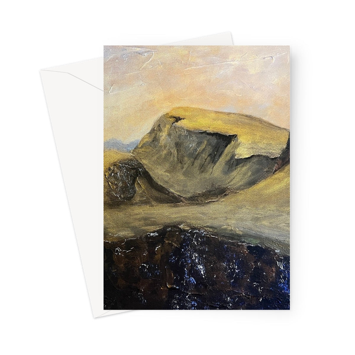 Greeting card featuring an oil painting of a Quiraing landscape with rocks and a light sky
