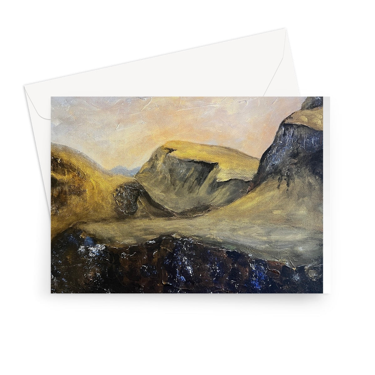 Landscape painting on The Quiraing Greeting Card featuring mountains and a warm sky