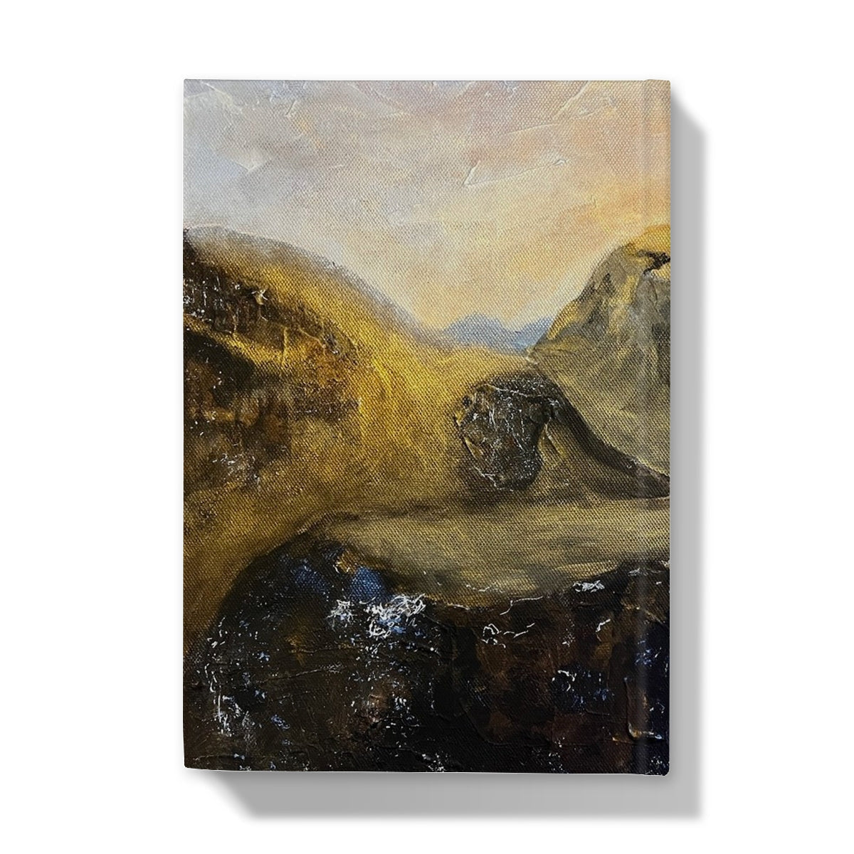 Abstract landscape painting with rich textures and earthy tones on The Quiraing Hardback Journal