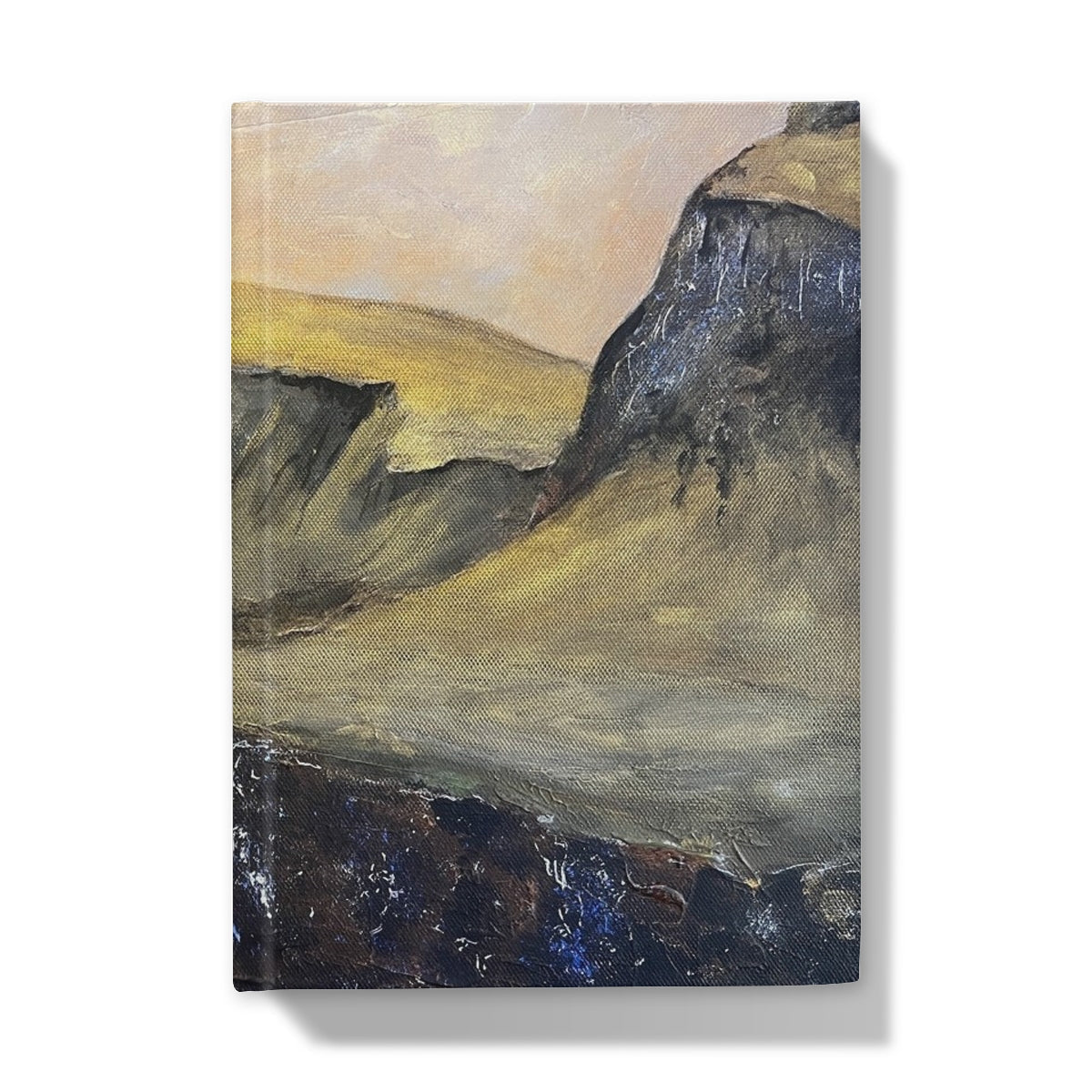 Textured landscape painting of rugged terrain and dramatic sky on The Quiraing Hardback Journal cover