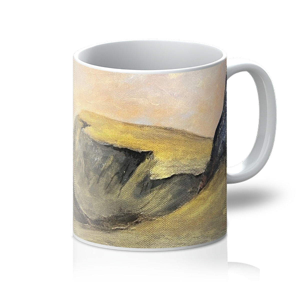 White ceramic Quiraing Mug featuring an abstract landscape painting in yellow, gray, and black