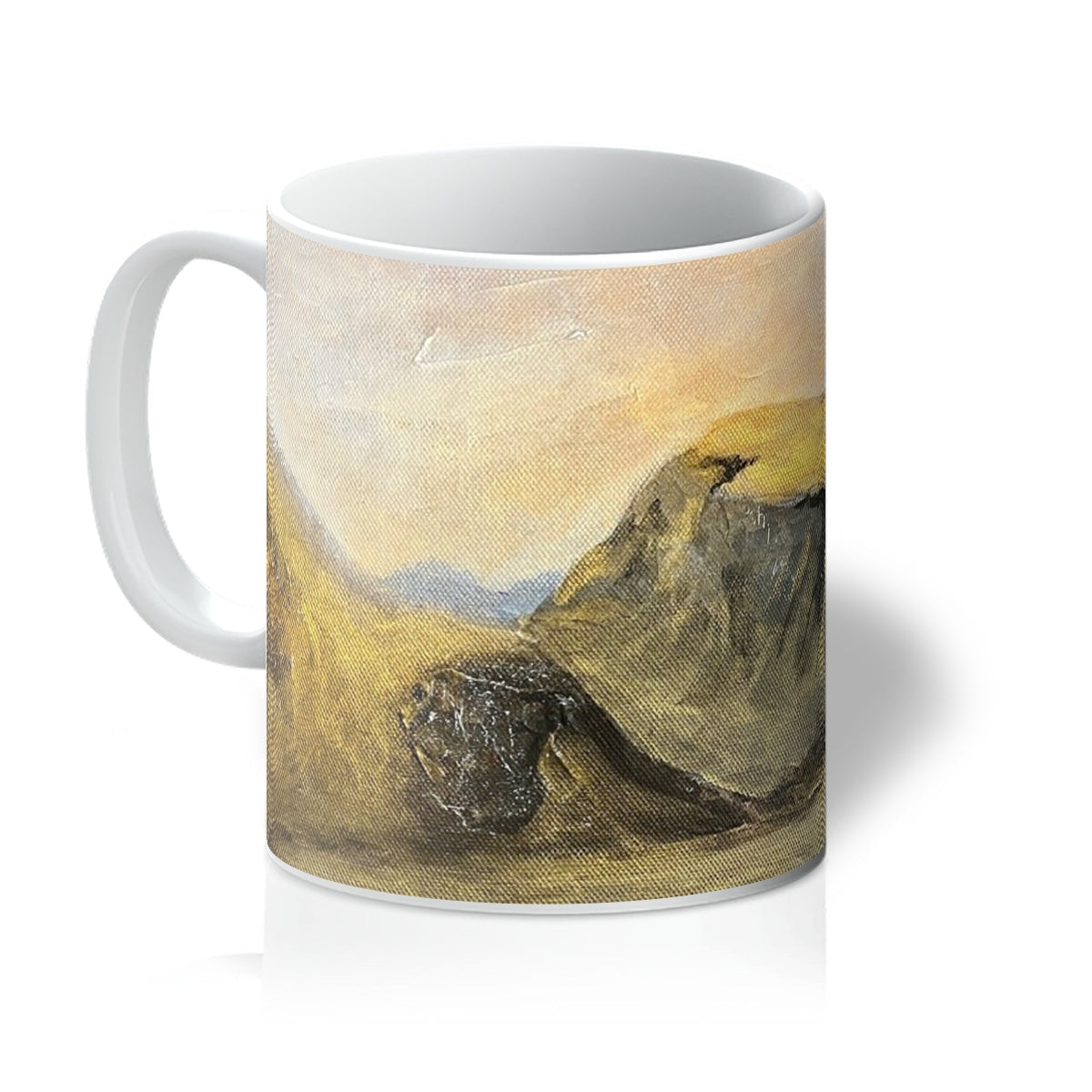 White ceramic Quiraing Mug featuring an impressionistic landscape painting design